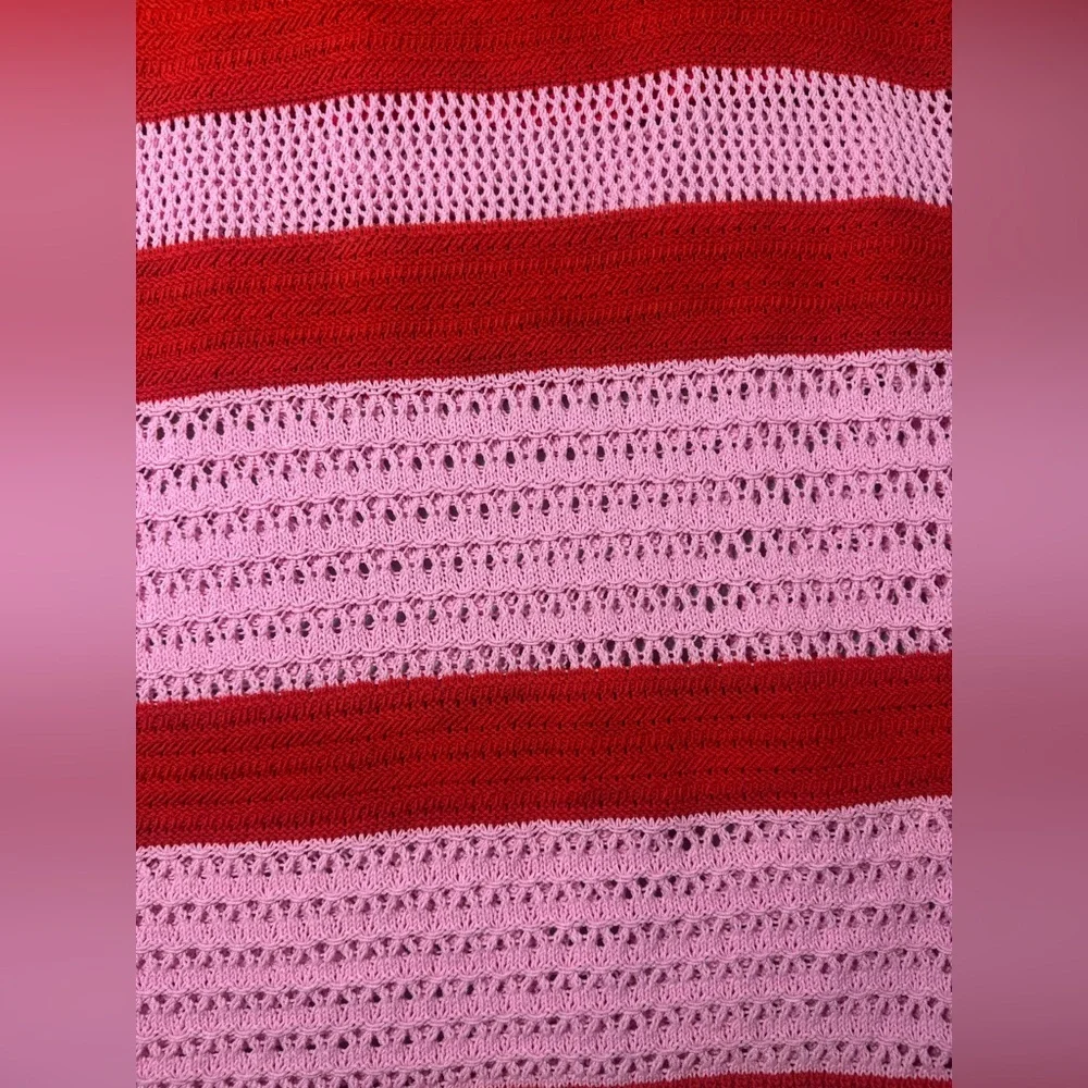 Scoop Crochet Scalloped Hem Red Pink Striped A Line Pull On Midi Skirt Large - Picture 14 of 16